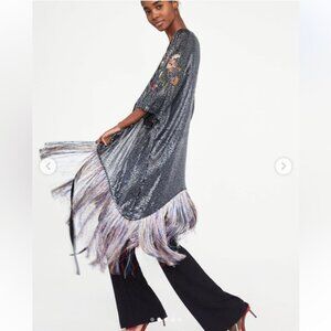 ZARA EMBROIDERED AND SEQUINNED DRESS, kimono wrap dress, multicolour tassel, NWT